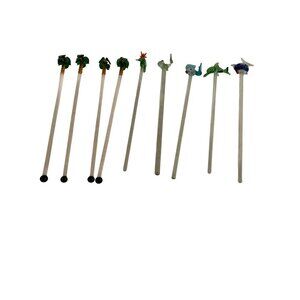 9 Blown Glass Palm Tree Fish Bird Theme Swizzle Sticks Multicolor